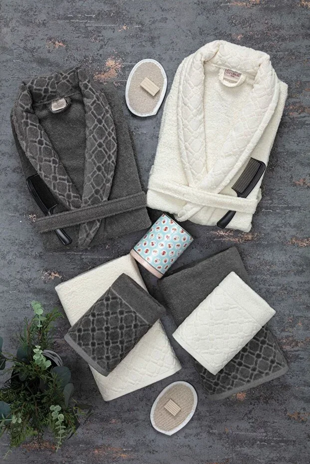 Hayal 12 Piece Boxed Jacquard Bathrobe Set | Bathrobe | Towel & Towel Set | Bathroom Dowry Set