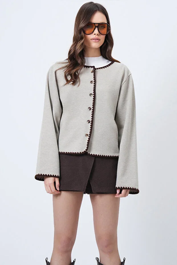 Women's Beige Crew Neck Embroidered Detail Knit Cardigan ALC-X14706