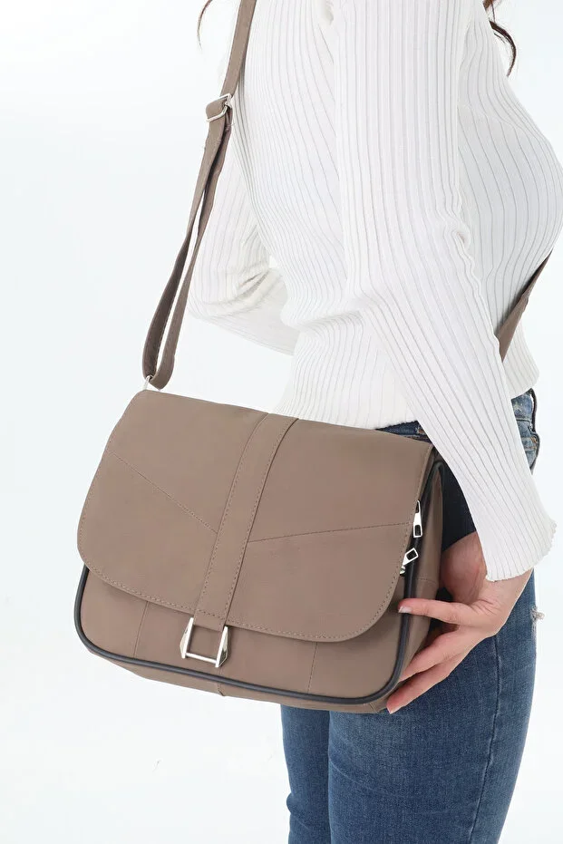 Genuine Leather Dark Beige Women's Shoulder Bag with Flap