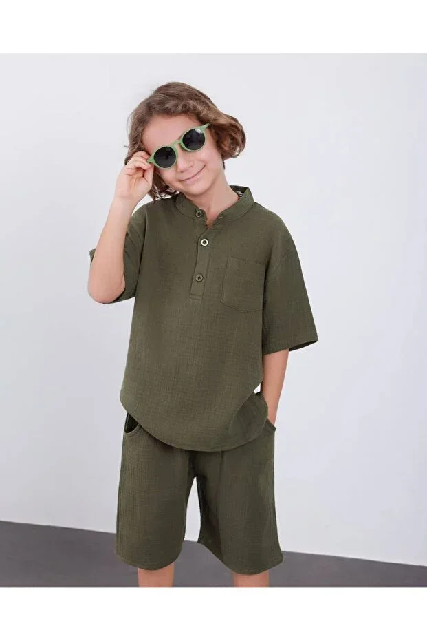 Boys Muslin Fabric Khaki Collar Summer Set