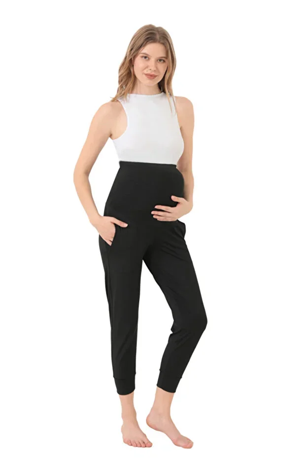 Black Flexible High Waist Double Pocket Maternity Jogger Sweatpants