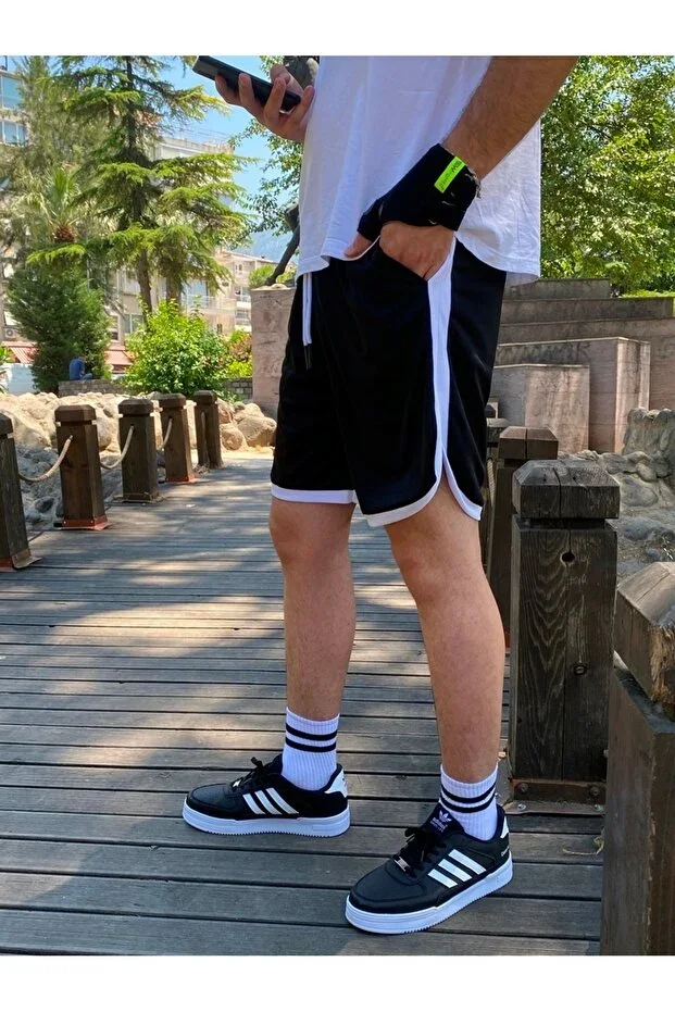Men's Black Striped Casual Cotton Shorts Basketball Football Fitness Sports Exercise Running Bermuda