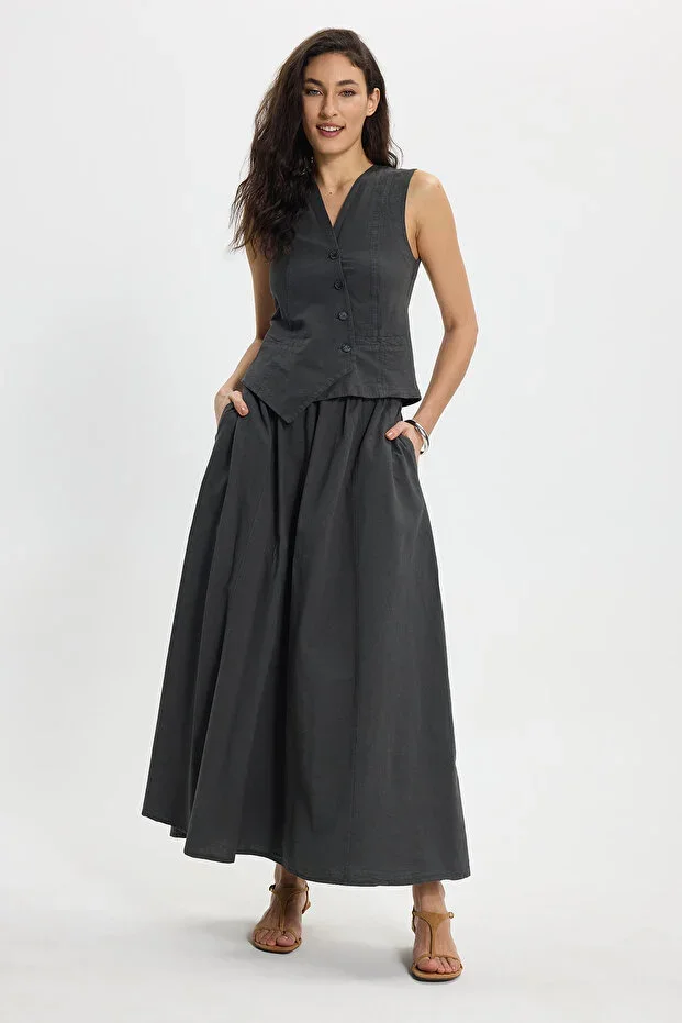 Women's Slim Fit Narrow Cut 100% Cotton V-Neck Double Pocket Anthracite Skirt Vest Set