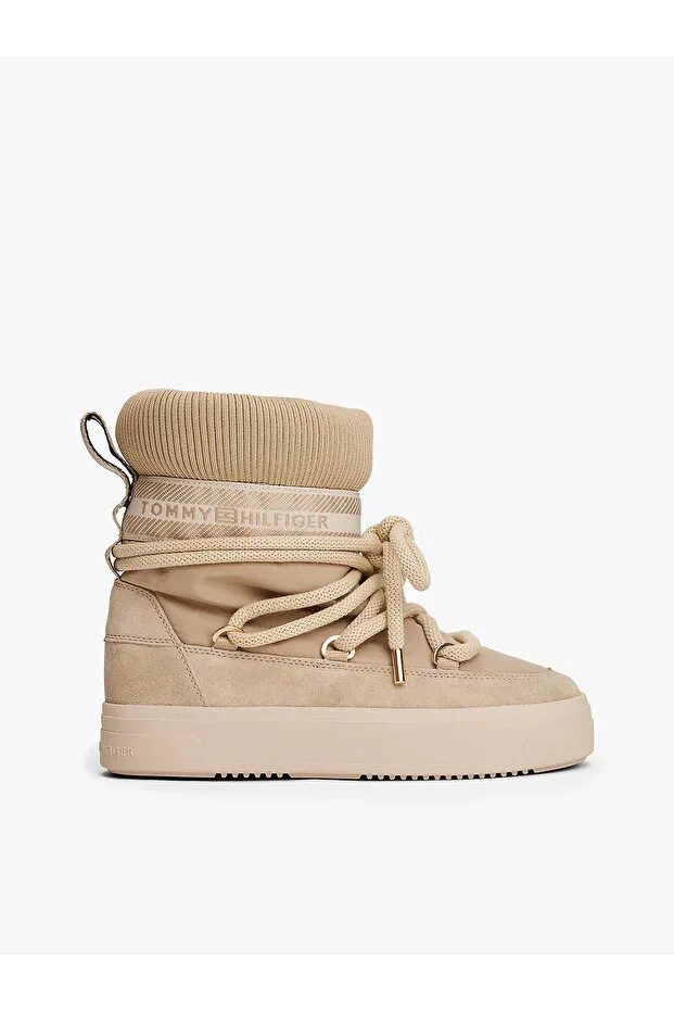 Women's Elasticated Neckline Waterproof Tie-up Beige Boots & Booties