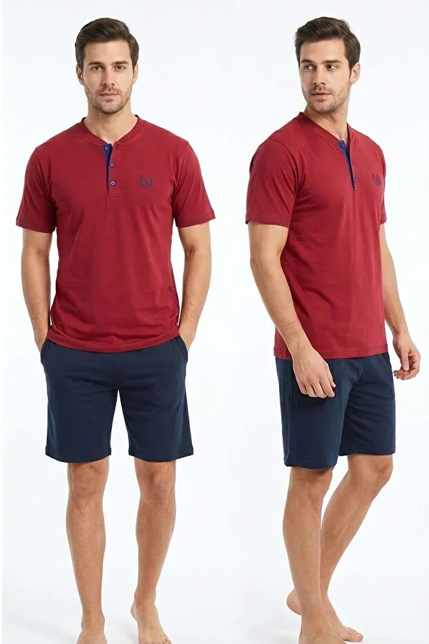 Men's 100% Cotton Button-Down Collar Flat Pocketed Shorts Pajama Set | Burgundy 624