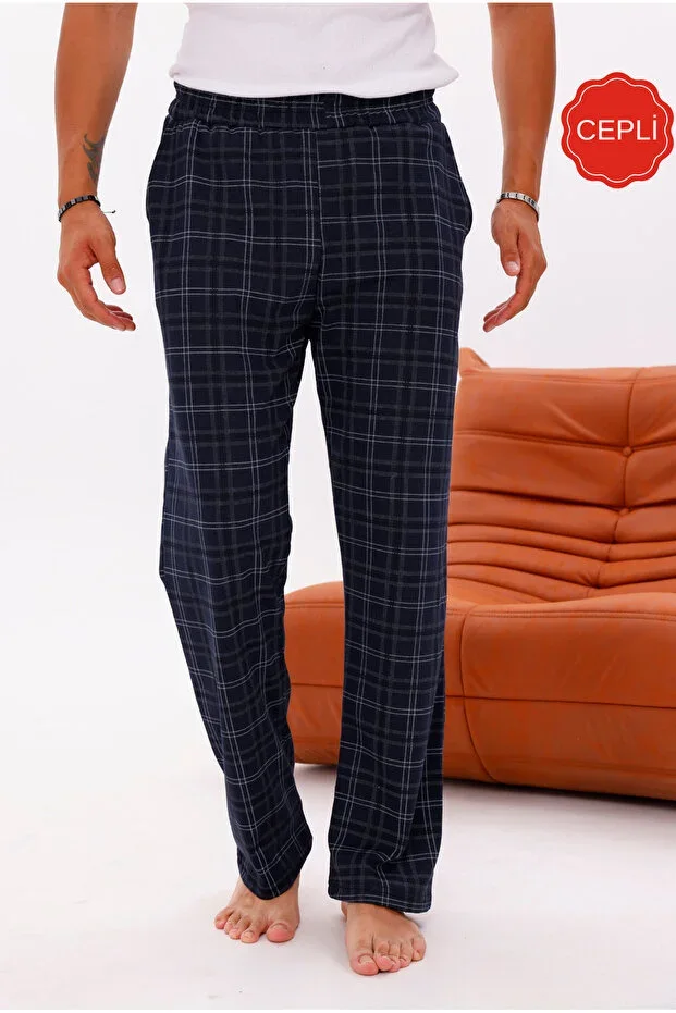 Cotton Pocket Plaid Print Elastic Waist Stylish And Comfortable Men's Pajama Bottom Navy Plaid 15