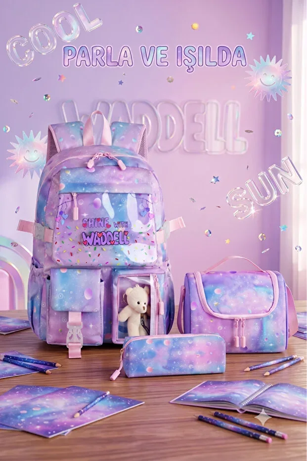 Kore Kawaii Transparent Twill Fabric Ice Cream Bear Gift Patterned Girls School Bag Thermal Lunch Bag and Pencil Case 3-piece Set