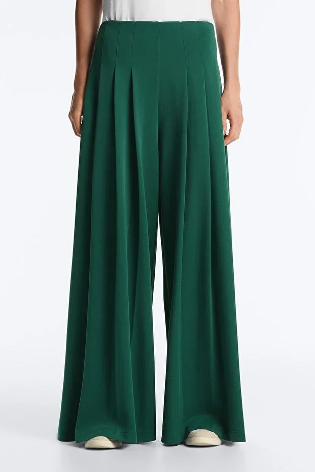 Oysho Cotton Pique Pleated Wide Leg Trousers