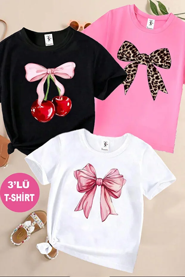 Ribbon and Bow Print 3-Pack Black-White-Pink Girls T-Shirt
