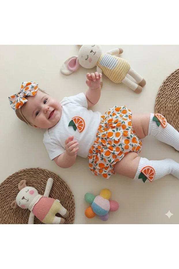 Baby Girl Orange Ruffle Shorts Skirt Bodysuit Socks Set