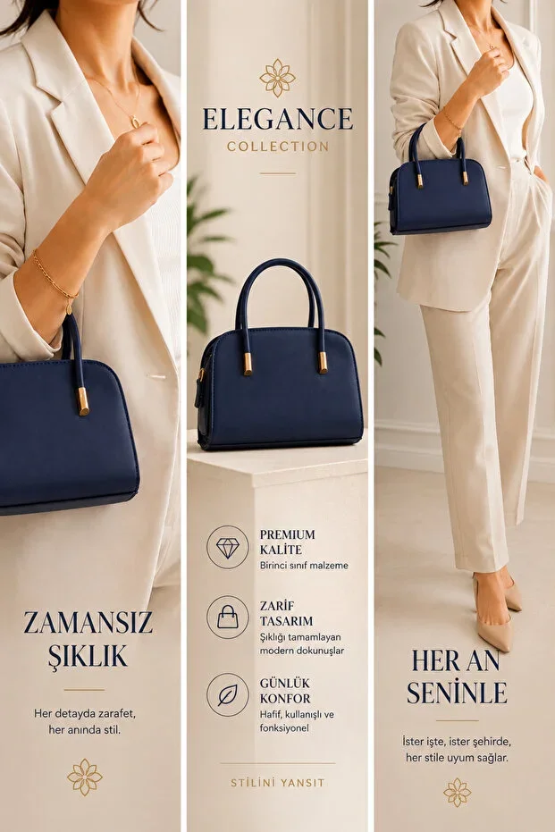 Women's Navy Blue Handbag Premium Leather Textured Shoulder Bag W:21 H:13
