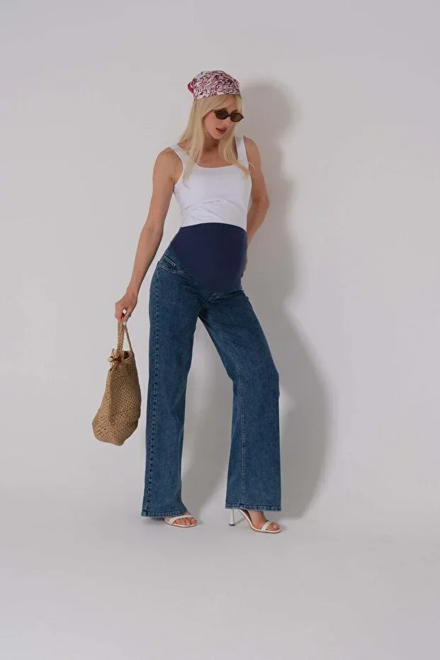 BUSA Loose Fit Wide Leg Jeans with Flexible Back Belt for Pregnant Belly - BLUE