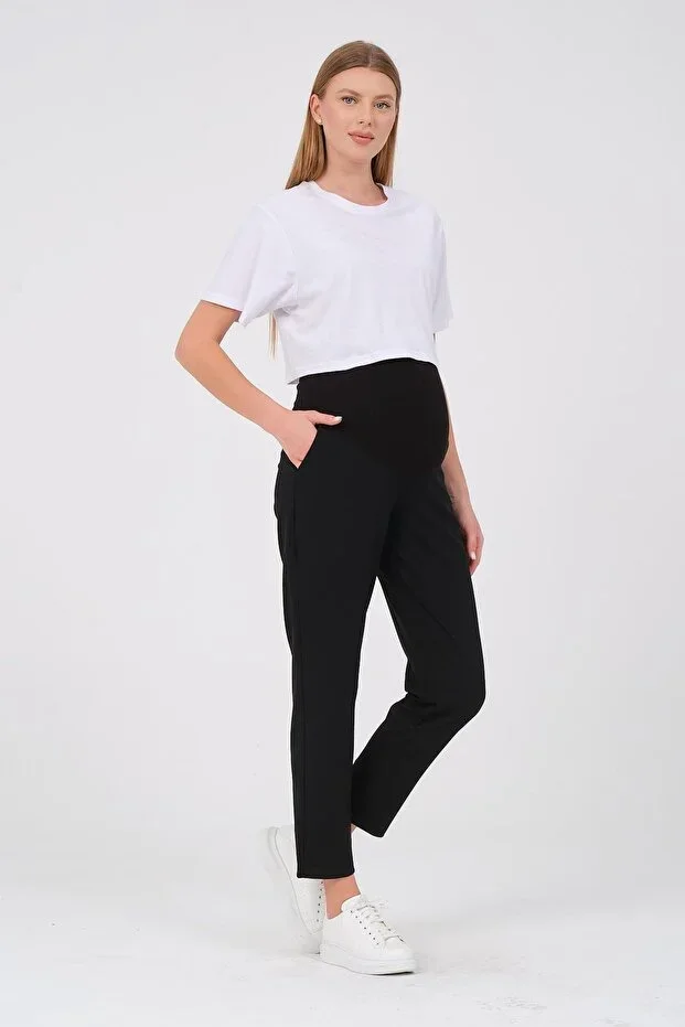 BUSA Pregnant Elastic Belly Band Adjustable Waist Mom Fit Classic Gabardine Pants BLACK