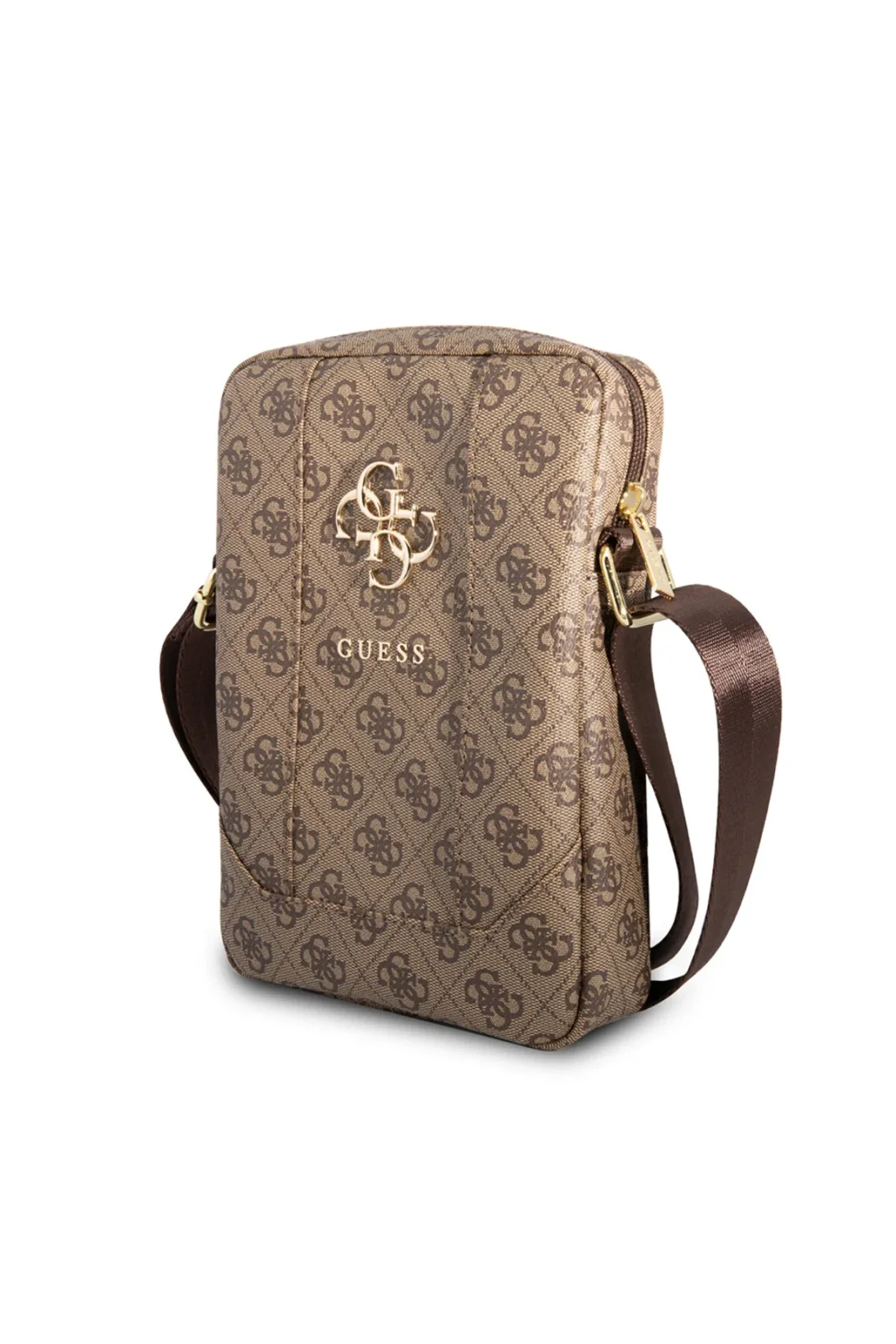 Licensed Tablet Bag with Metal Logo, Zippered, 8-inch, Crossbody Shoulder Strap, Brown