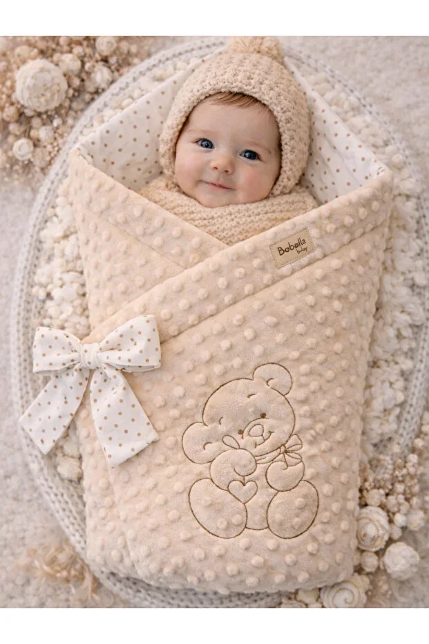 Beige Unisex Chick Baby Blanket & Swaddle Bear Embroidered Hospital Exit Newborn Cover/Quilt