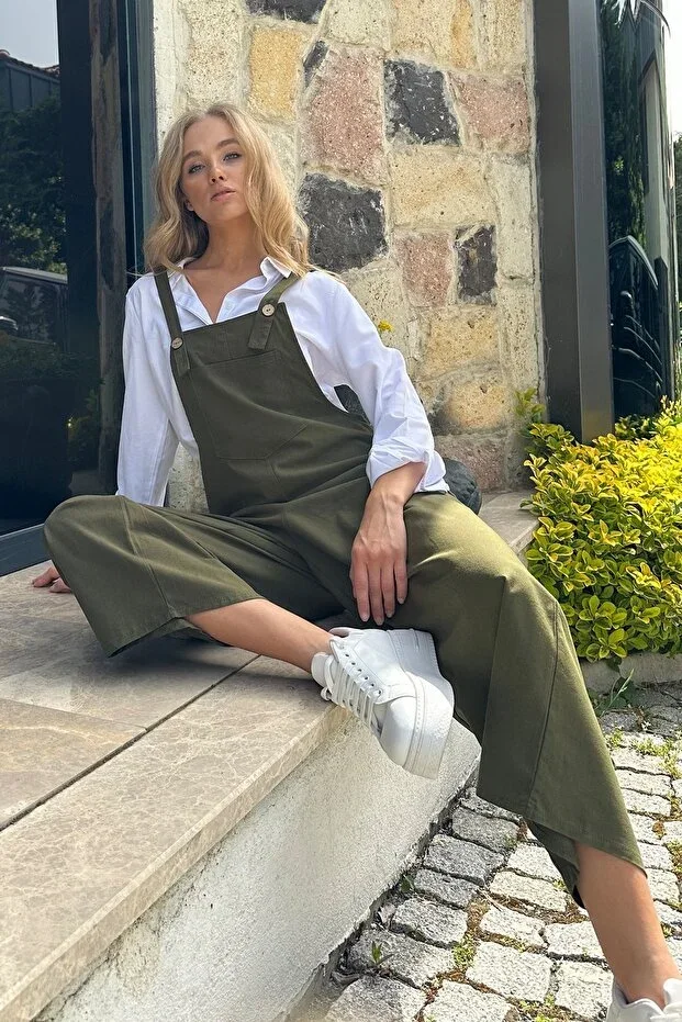 Women's Khaki Pocketed Strap Gabardine Overalls ALC-X12186