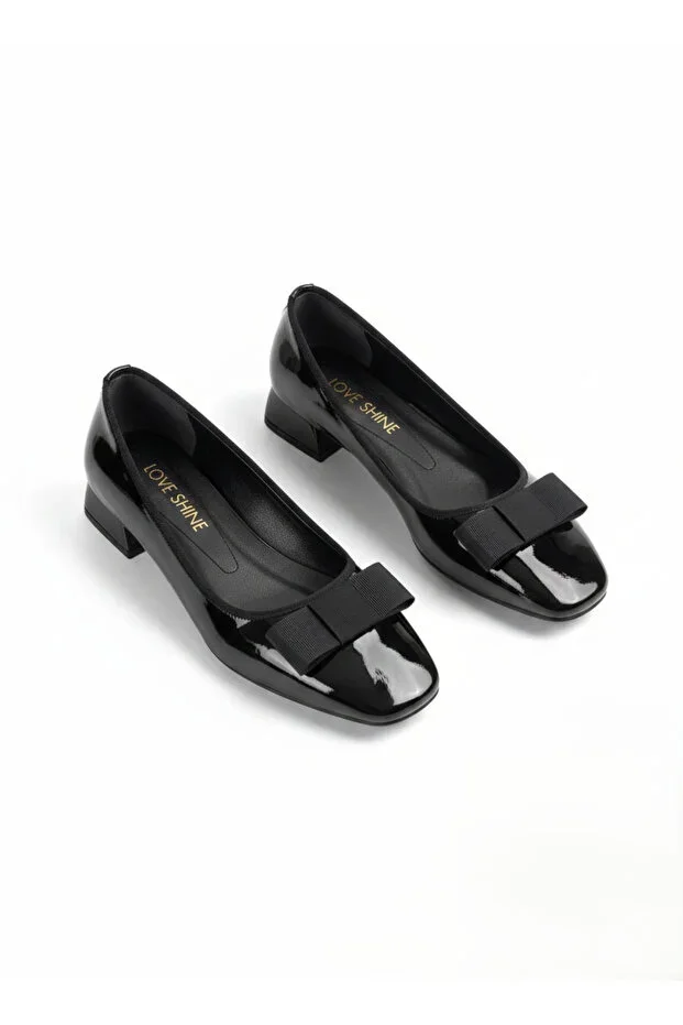 Bery Large Size Women's Square Toe Patent Heel Shoe with Ribbon Bow