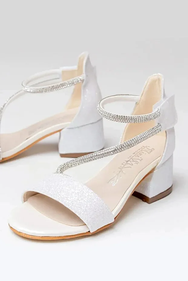 Stone Detailed Glitter Velcro Girls' Heeled Evening Sandals