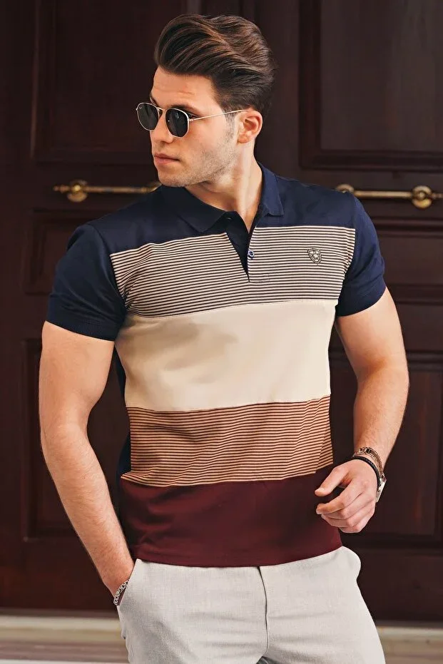 Color Blocked Navy Blue Polo Neck Men's T-shirt 9280