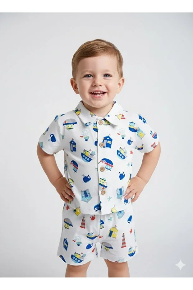 Marin Patterned Buttoned Short Sleeve Baby Boy Set 100% Cotton