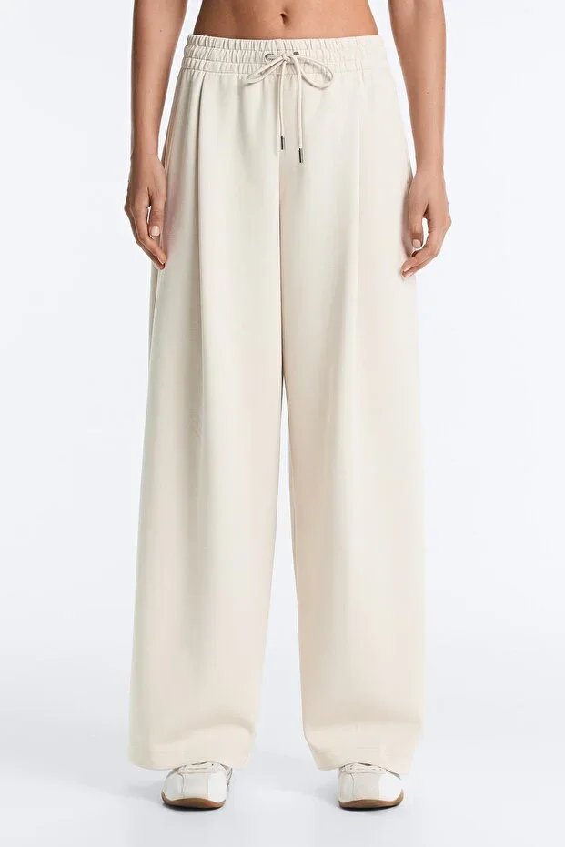 Oysho Cotton Pleated Wide Fit Ribbed Trousers
