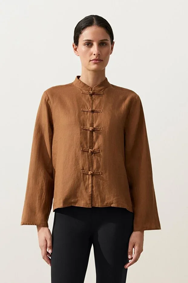 Oysho 100% Linen Button-Up Mandarin Collar Shirt