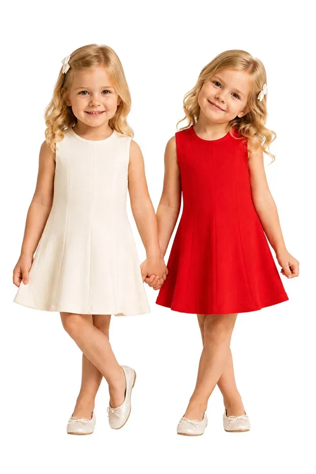 Girls' 2-Piece Cotton Ribbed Crew Neck Sleeveless Dress