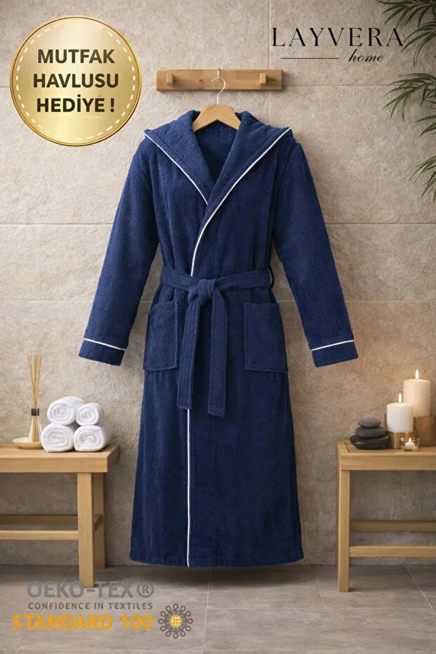 Men's-Women's Navy Blue Bathrobe | 100% Cotton-Hooded-Edged-Pocketed-Soft Texture