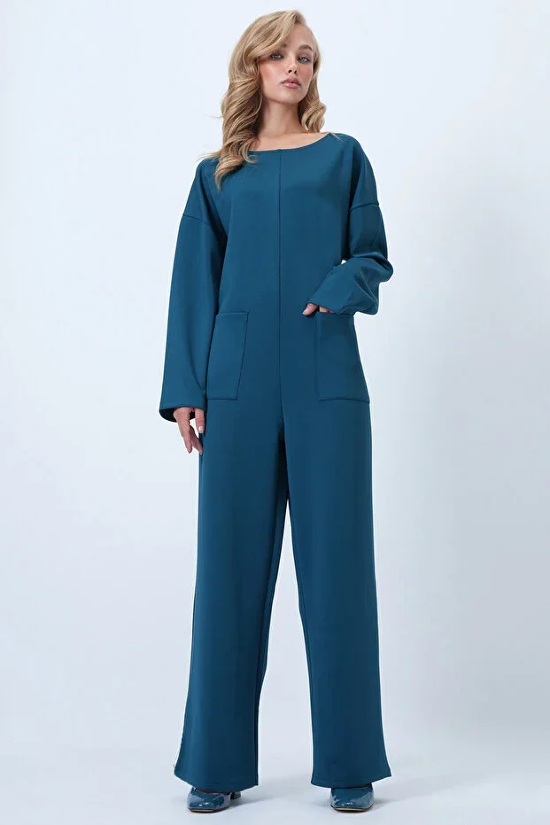Petrol Blue Crew Neck Back Zipper Relaxed Fit Jumpsuit ALC-X14554
