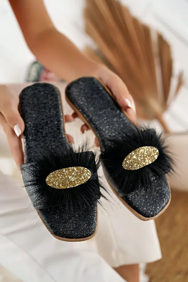 Black Feathered Stone Women's Slipper Chic Daily Home Slipper Decorated Dowry Birth Guest Bride Slipper