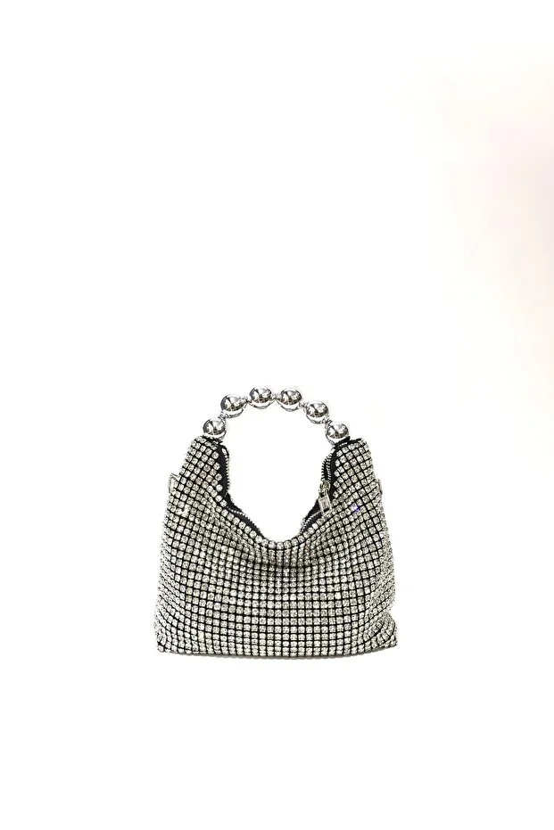 Black Color Silver Diamond Stone Evening Clutch Bag with Chain Strap for Wedding, Engagement, Henna Night