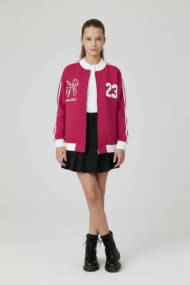 Fuchsia Beautifull Lettered Striped Sleeve Girl Kid College Cardigan 21194