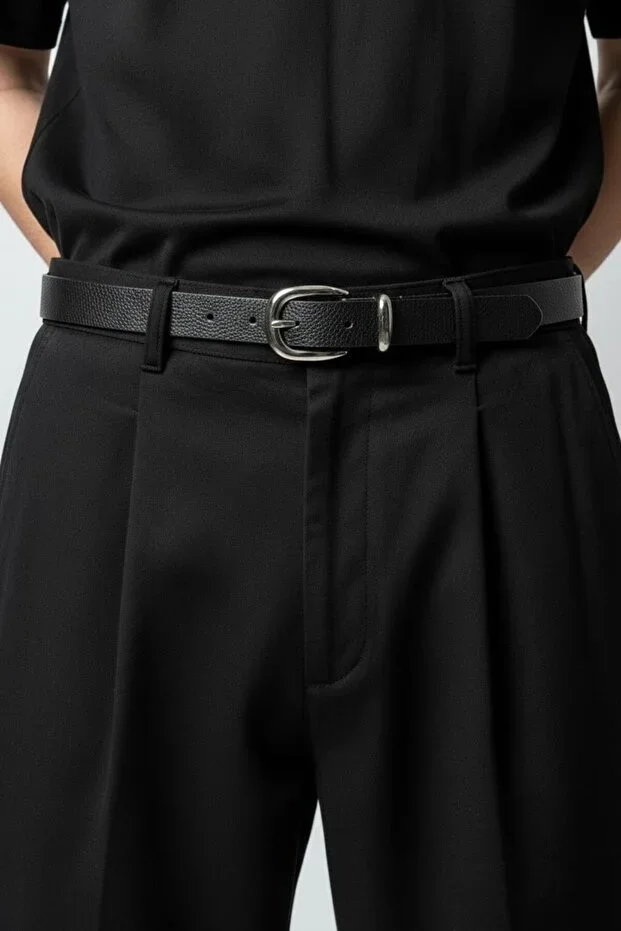 Men's Artificial Leather Nickel Buckle Thin Old Money Black Belt 2.5 Cm