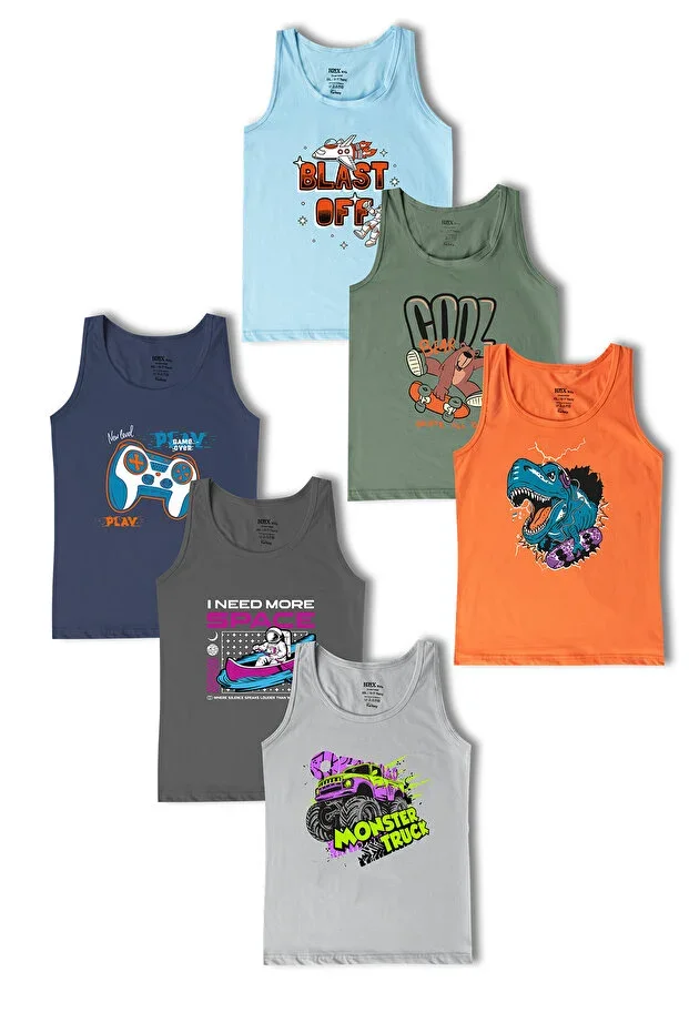 6'lı Cotton Printed Thick Strap Boy's Undershirt