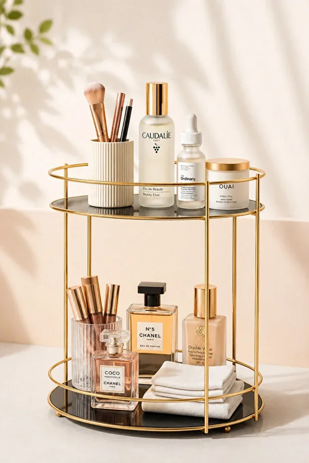 Eskitme || VENON Leon 2-Tier Makeup Organizer Metal Cosmetic Organizer Perfume Stand Bathroom Countertop 2-Tier Shelf ✨ Height 25 Cm ✨ Diameter 20 Cm ✨ 20 Cm Between Shelves Multi-Purpose Decorative Organizer Stand