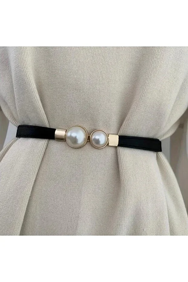 Black/Pearl Detailed Women's Belt Dress Belt Shirt Belt Waist Belt