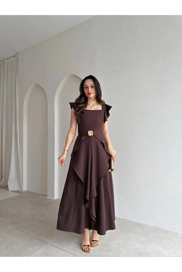 mafdress Women's Thick Strap Brown Square Neck Waist Belt Detail Ruffle Sleeve Evening Dress