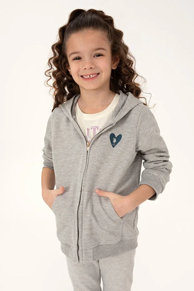 Girls Light Grey Melange Zip-Up Basic Sweatshirt 50296390-VR091