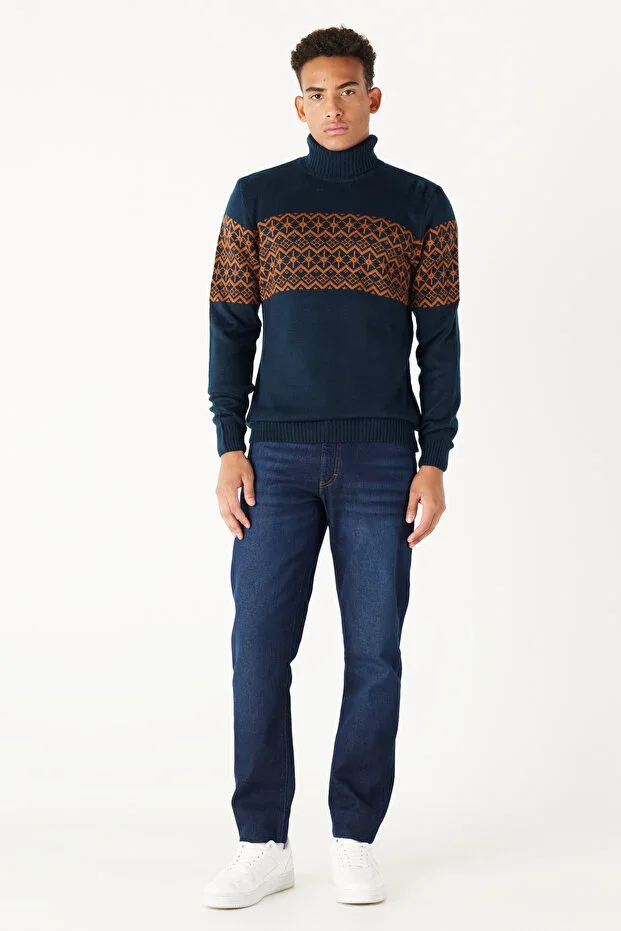 Navy-Terracotta Standard Fit Regular Cut Fisherman Neck Zigzag Patterned Knitwear Sweater