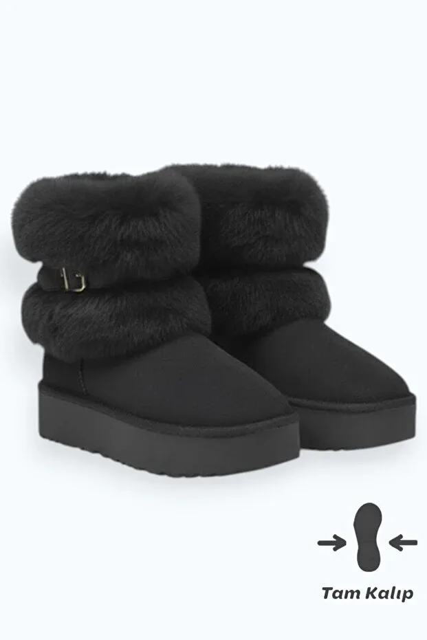 Women's Black Suede Fur Lined High Thick Sole Winter Boots