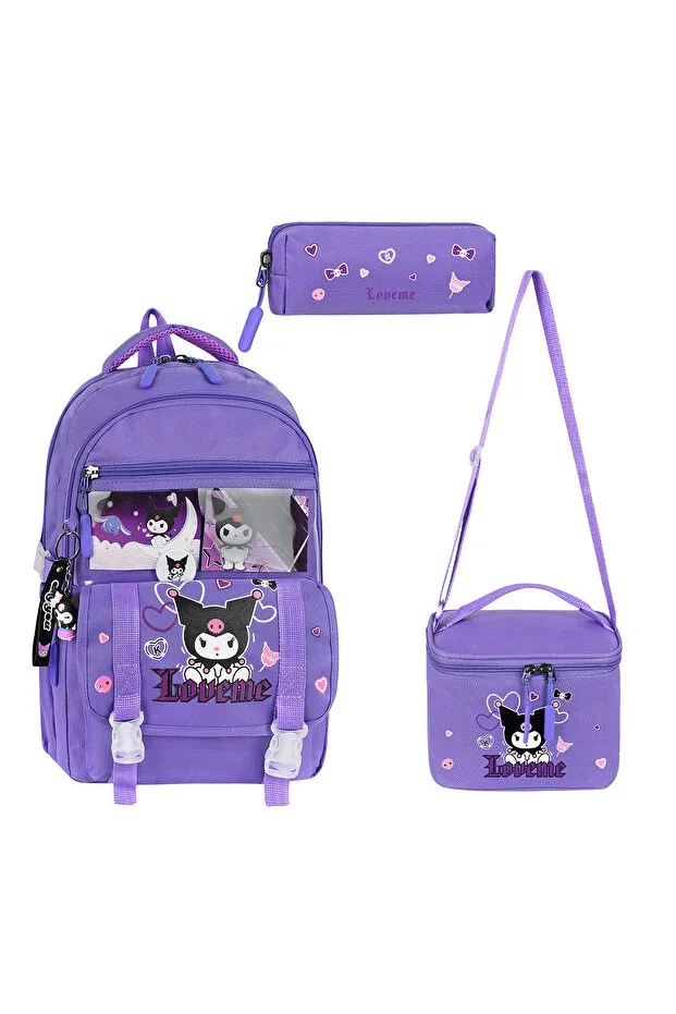 Kawai Korean Style School Backpack Set for Girls with Kuromi Accessory, Thermal Compartment, and Pencil Case