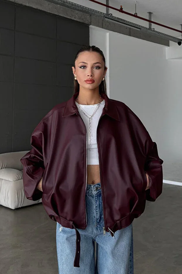 Women's Oversize Leather Jacket – Oversize Relax Fit, Zippered Belt Detailed Daily Women's Jacket