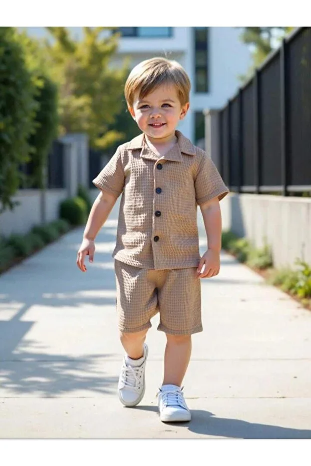 V Neck Shirt Detailed Cotton Waffle Shorts Set - Beige