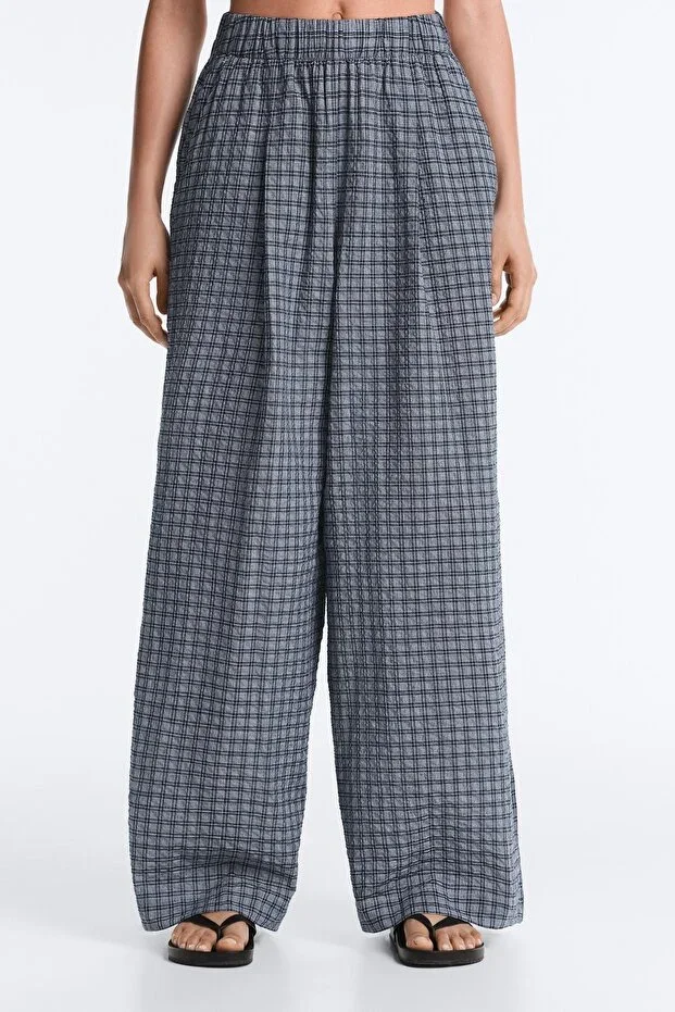 Oysho Checked cotton blend wide leg trousers