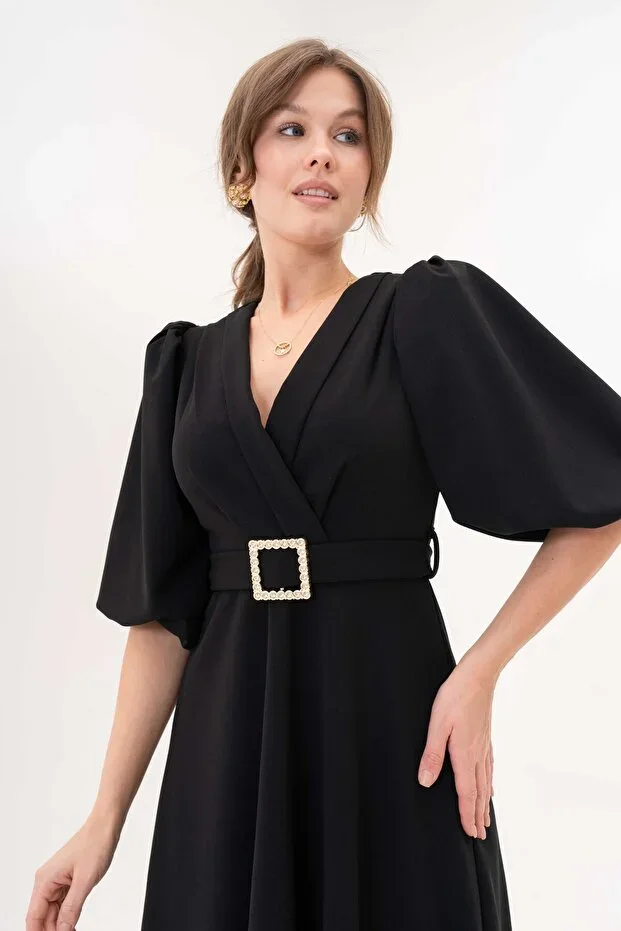 vuvutasarım Flexible Fabric Short Balloon Sleeve V Neck Belt Detailed Flared Cut Midi Dress Black 3602