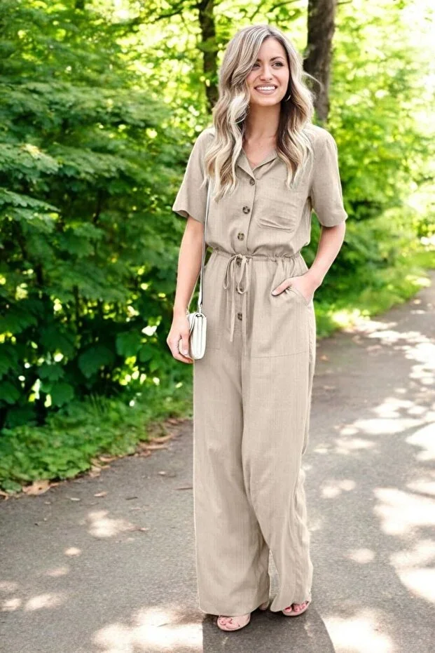 Short Sleeve Lace-up Women's Linen Jumpsuit