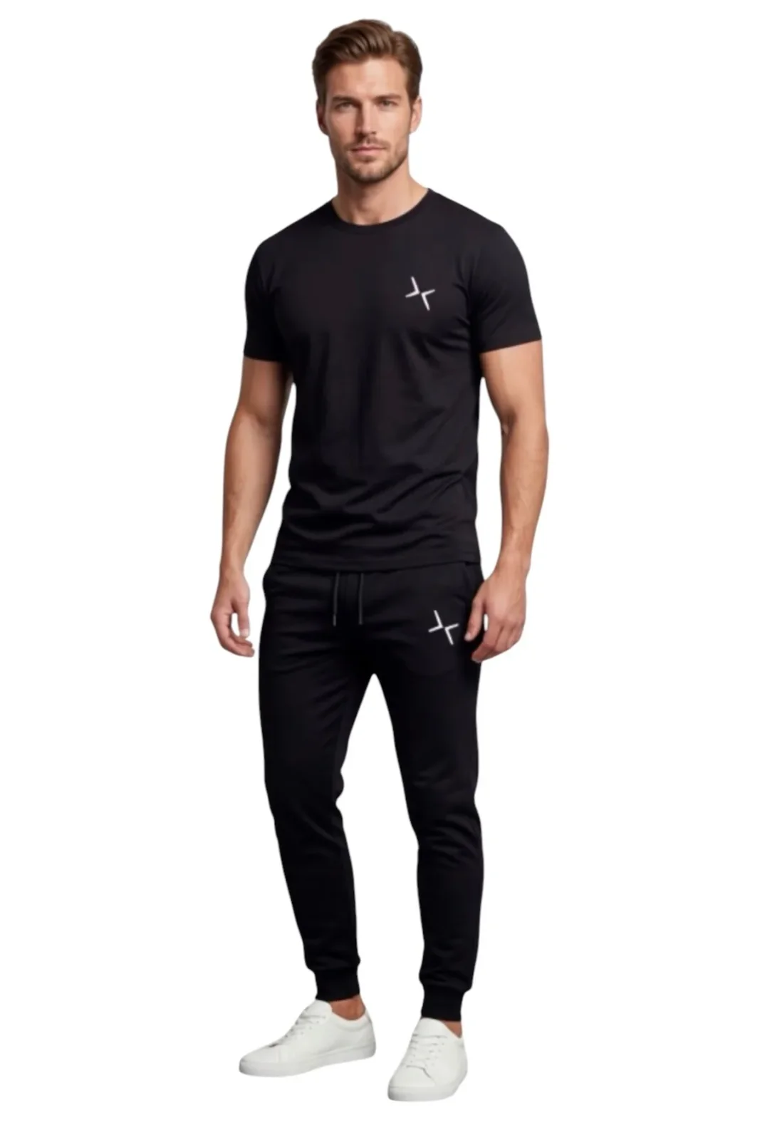 Black Top Zero Neck T-shirt and Sweatpants Set (With Logo)