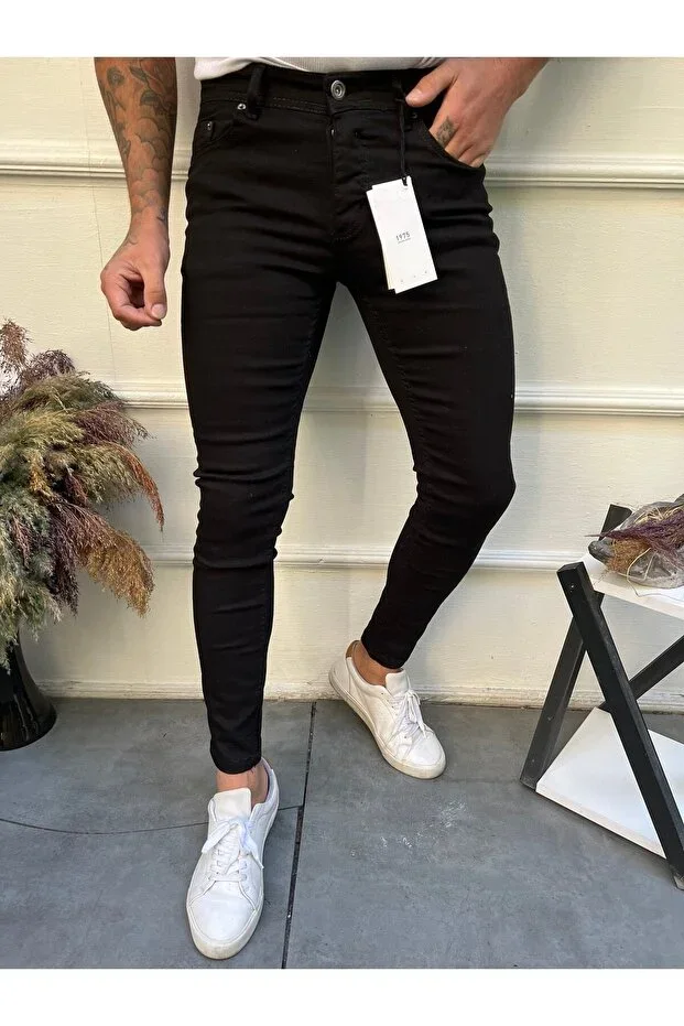 Men's Slim Fit Stretch Denim Trousers Straight Black