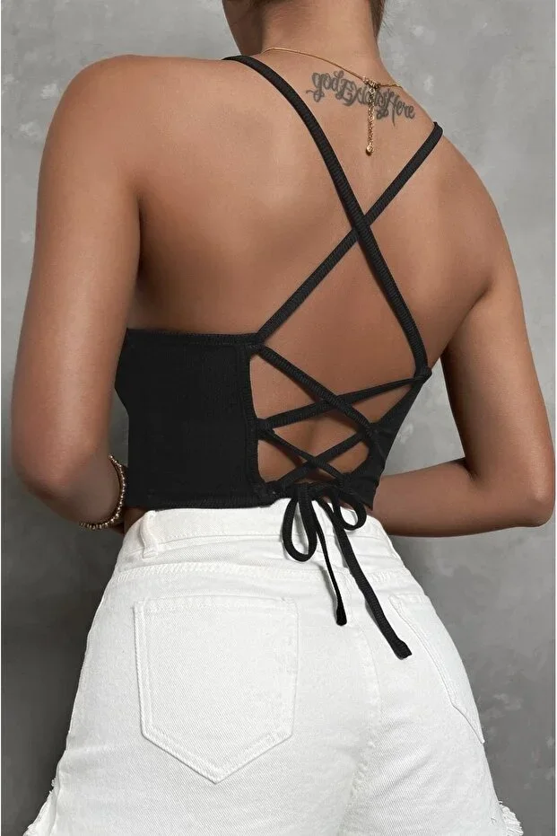 Women's Ribbed Fabric Tie Detail Chic Bustier