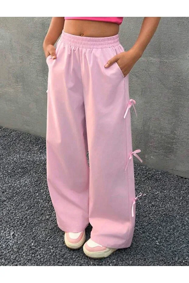 GIRLS' SIDE RIBBON DETAIL BAGGY FIT WIDE LEG SWEATPANTS